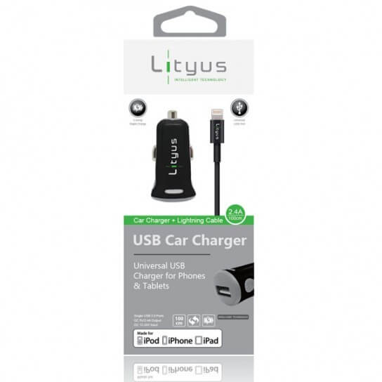 Lityus Car Charger Single USB 2.4A Lightning Cable Black