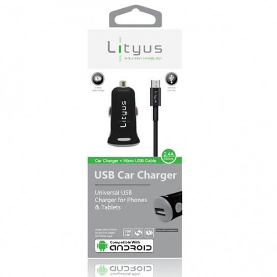 Lityus Car Charger Single USB 2.4A Micro Data Cable Black