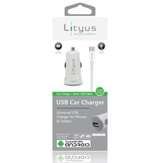 Lityus Car Charger Single USB 2.4A Micro Data Cable White