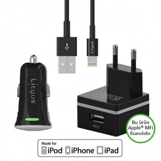 Lityus Wall Car Charger Single USB 2.4A Lightning Cable Black