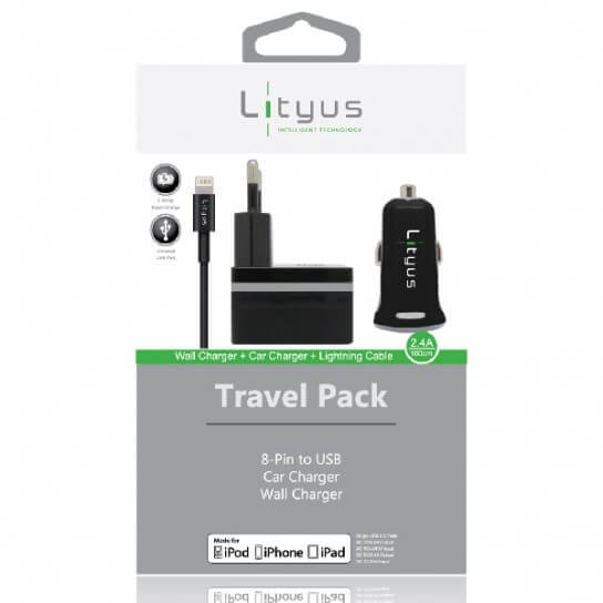 Lityus Wall Car Charger Single USB 2.4A Lightning Cable Black