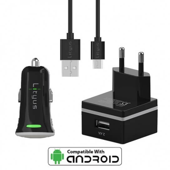 Lityus Wall Car Charger Single USB 2.4A Micro Cable Black