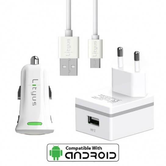 Lityus Wall Car Charger Single USB 2.4A Micro Cable White