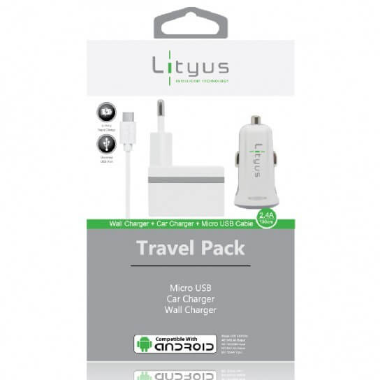 Lityus Wall Car Charger Single USB 2.4A Micro Cable White